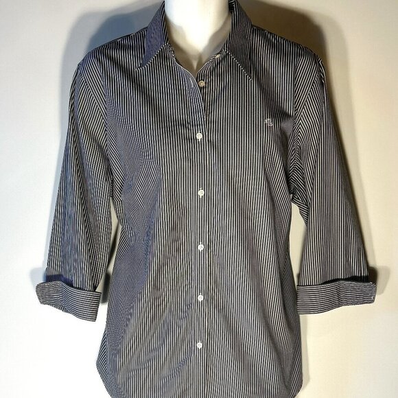 Lauren SZ 2X Navy Pinstripe Cotton Shirt Button Front Old Money Academia Classic - Picture 4 of 11